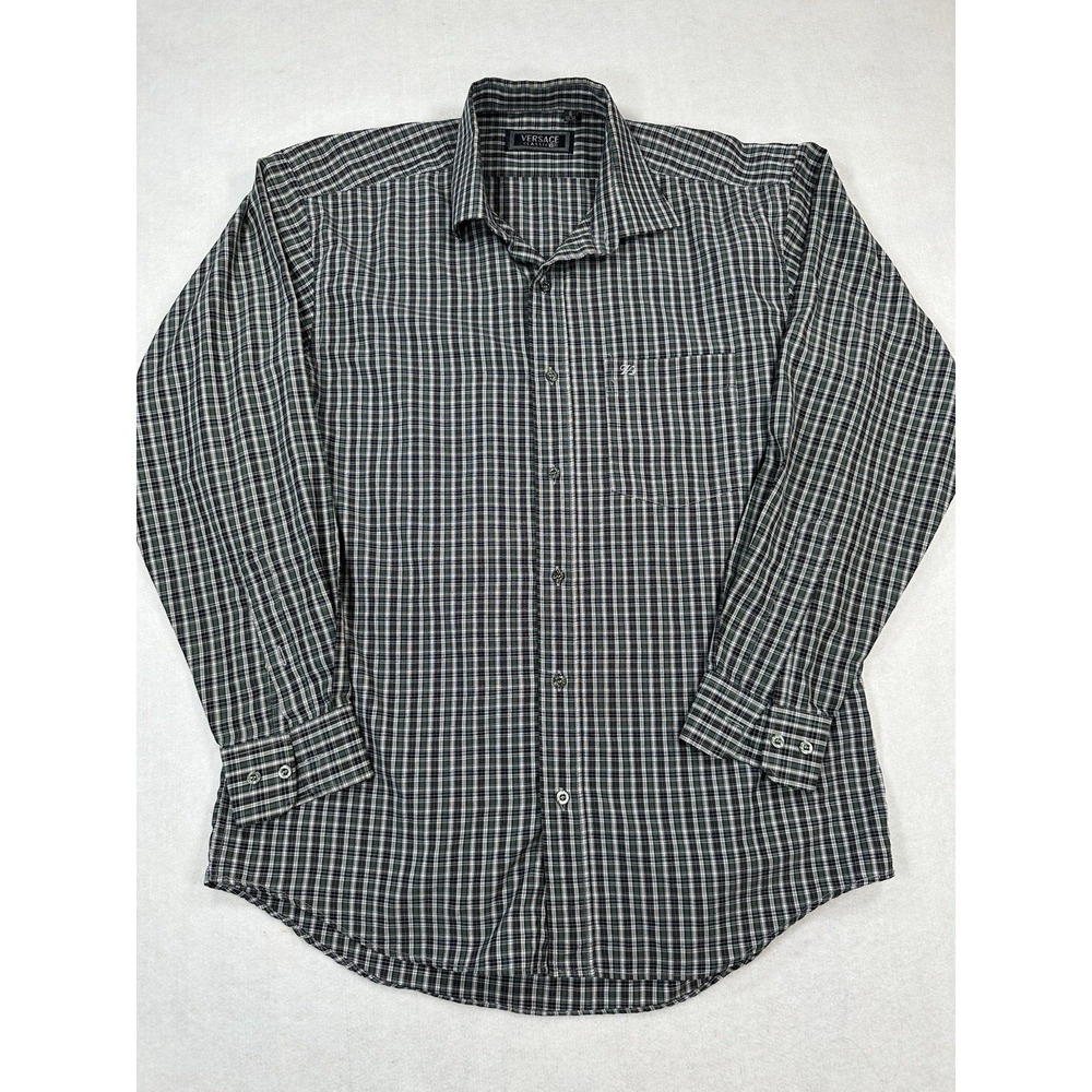 Vintage Versace Classic V2 Men's Plaid Button Down Shirt Gray Long Sleeve 16/33